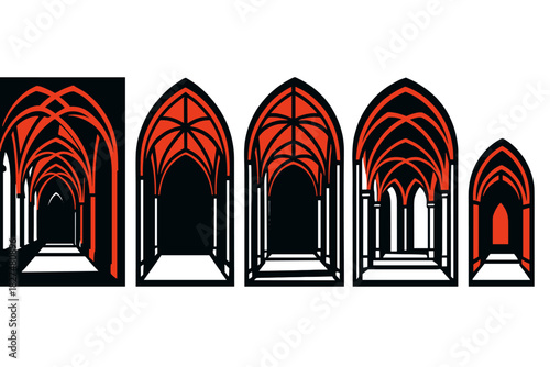 High contrast architectural elements of Gothic arches and ribbed vaults