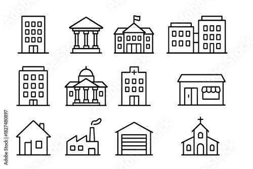 Set of line icons depicting different types of urban and commercial architecture