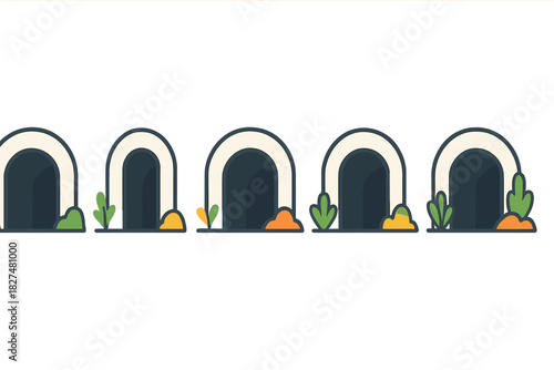 Five identical dark tunnel entrances decorated with minimal abstract greenery