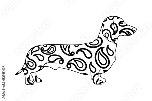 Black and white line art illustration of a dachshund dog with a decorative paisley pattern