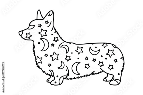 Cute corgi dog with celestial pattern of stars and moons, a charming outline illustration for coloring books or crafts