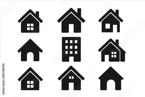 Minimalist black silhouette icons representing residential homes and commercial buildings