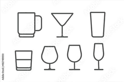 Minimalist outline symbols of different types of drinking glasses and cups for beverages
