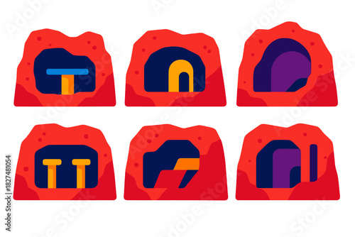 Abstract set of six stylized cave entrances or mine portals with colorful geometric shapes inside