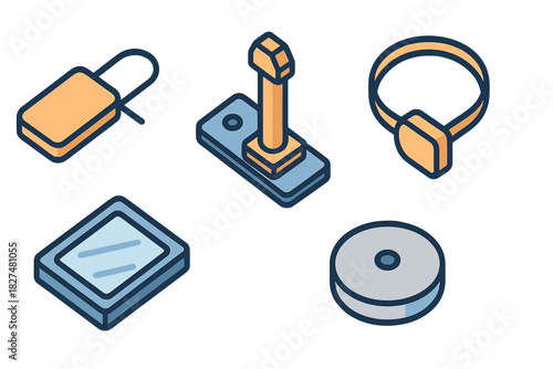 Isometric technology icons set featuring storage, sensor, wearable collar, screen, and disc