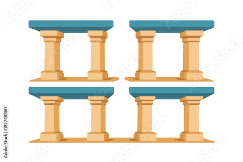 Four pairs of stylized classical columns supporting blue horizontal structures on a white background