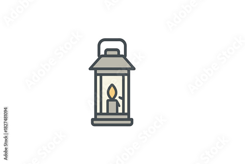 Stylized classic portable camping lantern graphic featuring a glowing wick