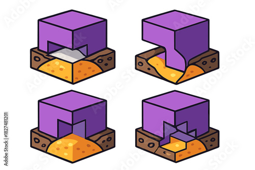 Isometric sequence of a purple cubic structure dispensing material into a cross-section of earth and sand