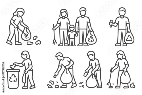 People picking up litter and sorting waste during environmental cleanup efforts