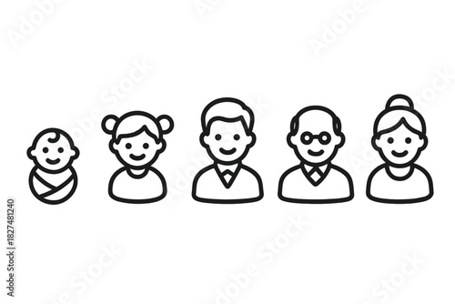 Human life stages icons set depicting the aging process from baby to senior adults