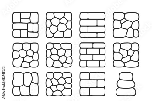 Outline icons of masonry, brick, and natural stone wall textures and patterns