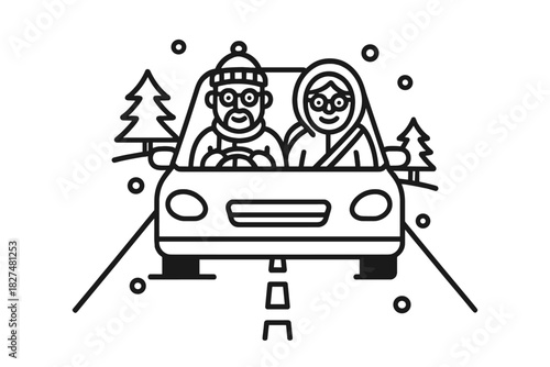 Black and white line art of two people driving a car on a snowy winter road trip vacation through a cold landscape