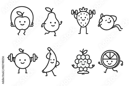 Adorable fruit characters performing physical exercise routines and wellness activities