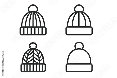 Four minimalist outline icons of warm winter knitted hats and beanies