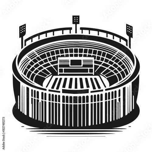 Monochrome vector icon of a large sports stadium arena with floodlights.