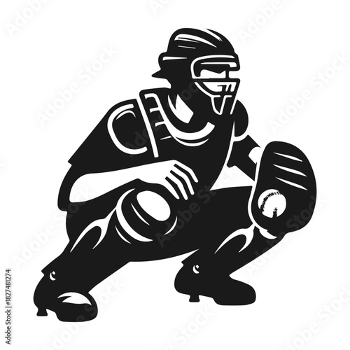 Baseball catcher player in protective gear simple vector silhouette.