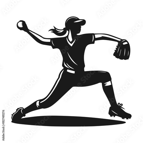 Silhouette of a female softball pitcher in mid throw action vector graphic.