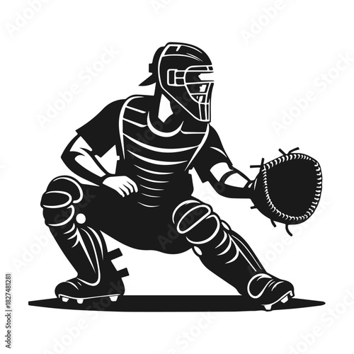 Black and white vector illustration of a baseball catcher in a ready stance.