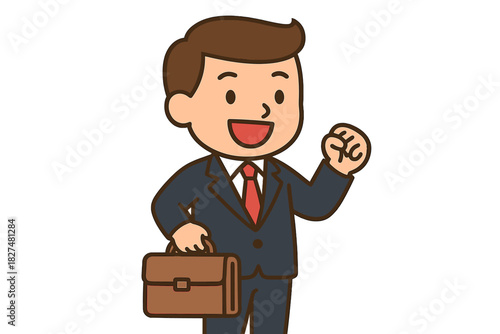 Successful businessman in a suit holding a briefcase and making a determined fist pump