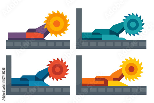 Abstract colorful heavy industrial machinery with rotating saw blade on conveyor system