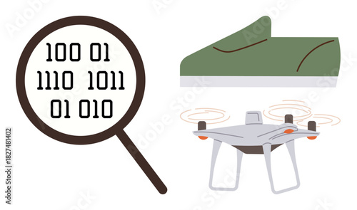 Magnifying glass revealing binary code, green shoe prototype, and a quadcopter quadcopter. Ideal for innovation, digital data, smart tech, design, AI automation and creativity. Simple flat metaphor