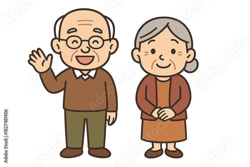 Smiling senior couple standing together, man waving