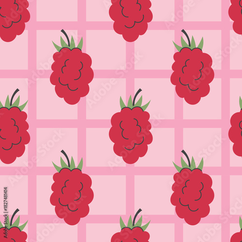Raspberry Pink Grid Seamless Pattern. Playful hand drawn Garden Berries on checkered background. Fresh ripe fruit repeat vector illustration with vibrant colors.