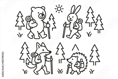 Cute cartoon animals hiking and trekking in the forest wilderness carrying backpacks and poles