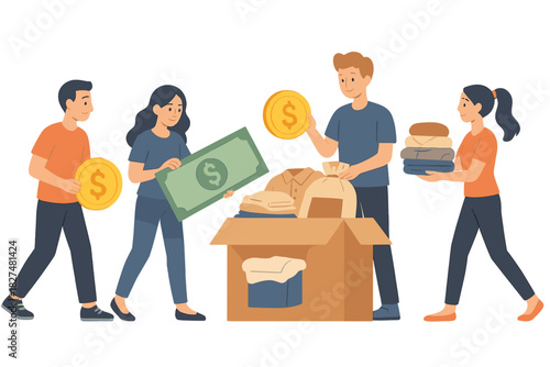 Group of people donating money and clothes into a large cardboard box for charity and social assistance