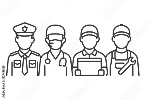 Essential workers group portrait including police officer doctor delivery person and mechanic
