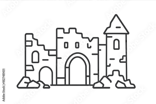 Stylized outline of a crumbling stone castle facade and historic fortification ruin
