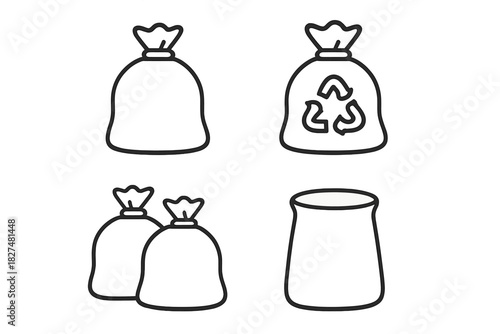 Set of outline icons depicting various types of garbage bags and waste disposal concepts