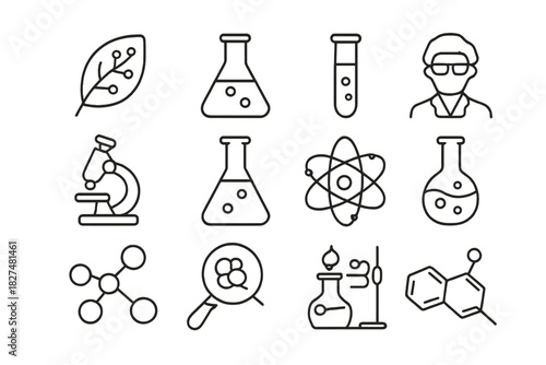 Set of scientific laboratory equipment, chemical structures, and research tools