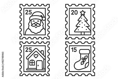 Four Christmas holiday postage stamps with Santa Claus, tree, house, and stocking symbols