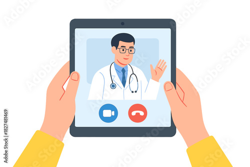 Patient holding a tablet device for remote medical consultation via video call