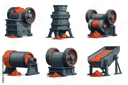 Industrial mining equipment set featuring crushers, mills, and processing machines