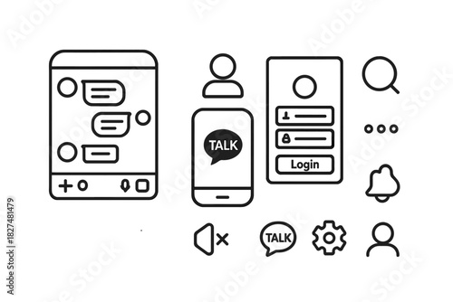 Outline icons set for mobile application screens covering user login, messaging, and system settings