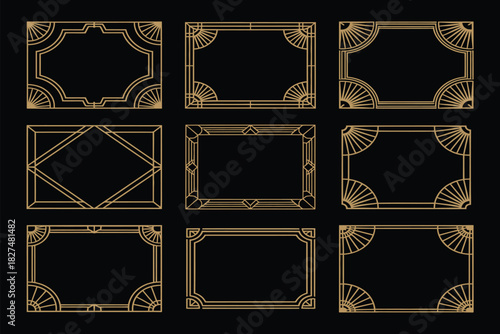 Art deco frame in golden color, classy and luxury design style, premium vintage line art, decorative ornament, elegant outline stroke for background and print decoration projects.