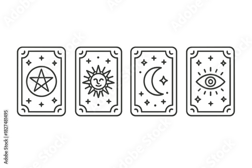 Set of four stylized fortune telling cards featuring mystical occult symbols like the sun, moon, and pentagram