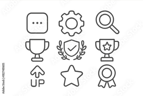 Nine outline symbols for achievement, settings, search, and navigation in web and mobile interfaces