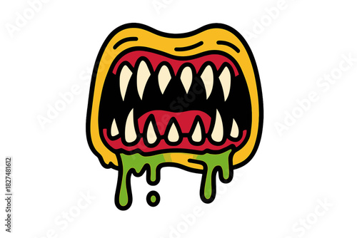 Frightening cartoon monster mouth with sharp teeth and dripping green slime