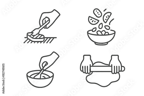 Food preparation activities including grilling, mixing salad, stirring, and rolling dough