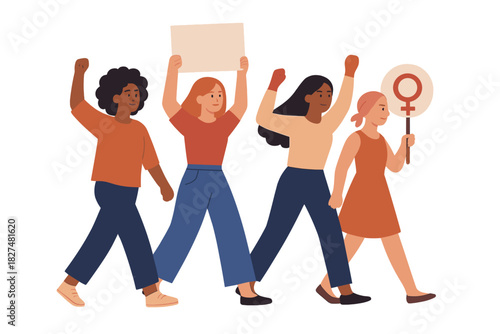 Diverse women marching in solidarity holding protest signs and raising fists for empowerment