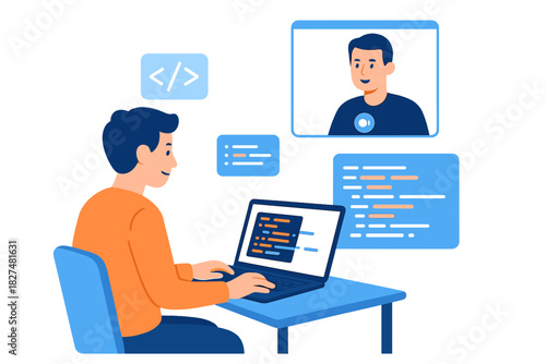 Remote software development and collaboration concept with programmer using laptop
