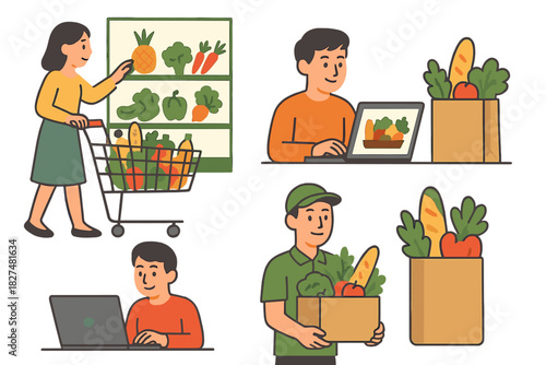 Customers shopping online for groceries and receiving delivery from courier service