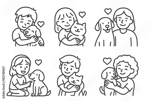 Diverse happy people embracing and showing affection to their dogs and cats