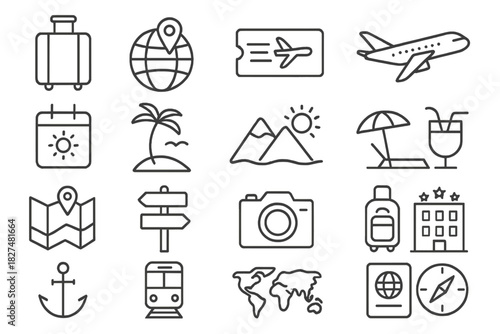 Set of essential travel and vacation symbols for transportation, destination, and planning