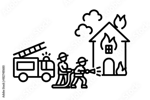 Firefighters using a hose to put out a house fire with a fire engine nearby