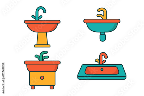 Four colorful washbasins with different faucet designs and plumbing fixtures