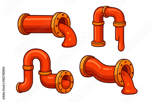 Set of bright orange industrial pipes leaking thick viscous liquid sludge or goo elements